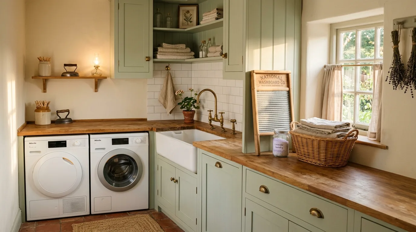 Choose cabinetry with old-world charm inspiration for a cottagecore laundry room.